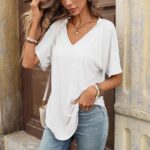 SpringSummer New Solid-Colored V-Neck Short-Sleeve T-Shirt Loose Casual Top For Women