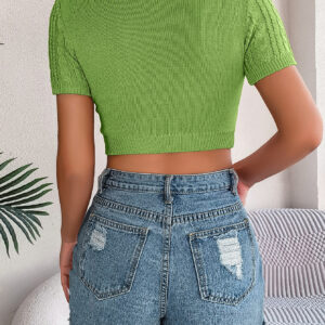 Women Casual Cable Knit Short Sleeve Cropped Vacation Top