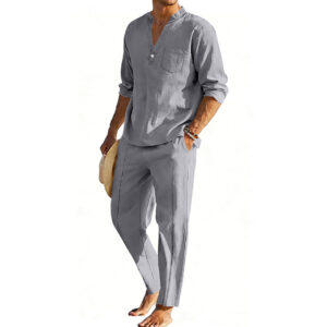 Casual Men's Henley Long-Sleeve Straight-Leg Pants Set