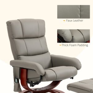 Massage Recliner Chair with Ottoman, Swivel Recliner and Footrest, Faux Leather Reclining Chair with Remote Control, 10 Vibration Point and Side Pocket, Gray