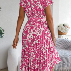 Women's Elegant Floral Print Short Sleeve Flowy Pleated Dress