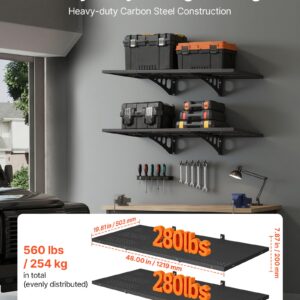 2-Tier Heavy Duty Wall Garage Shelving, 1.64 X 4 Ft Steel Wall Mounted Shelving Unit, 19.68 X 48 Inch Per Shelf Floating Storage Metal Rack For Garage With 560 Lbs Total Weight Capacity, Black