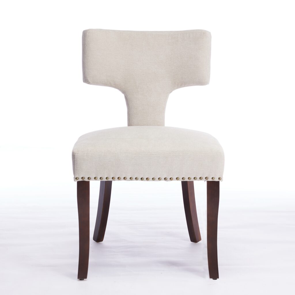 Mid Century Modern Dining Chairs Set Of 2, Farmhouse Linen Fabric Upholstered Accent Chair Curved Backrest With Copper Nails Around,Kitchen Chairs With Hardwood Frame, Beige
