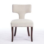 Mid Century Modern Dining Chairs Set Of 2, Farmhouse Linen Fabric Upholstered Accent Chair Curved Backrest With Copper Nails Around,Kitchen Chairs With Hardwood Frame, Beige