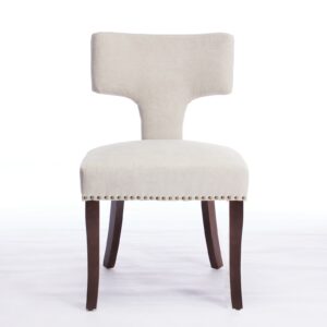 Mid Century Modern Dining Chairs Set Of 2, Farmhouse Linen Fabric Upholstered Accent Chair Curved Backrest With Copper Nails Around,Kitchen Chairs With Hardwood Frame, Beige