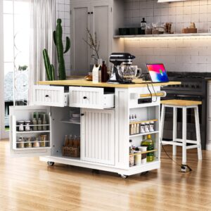 48 Inch Kitchen Island With Drop Leaf,Power Outlet,Internal Storage Rack,Rolling Kitchen Storage Cart On 5 Wheels With 5 Open Side Racks For Kitchen,White Old SKU N707P257057W Not Include Stools