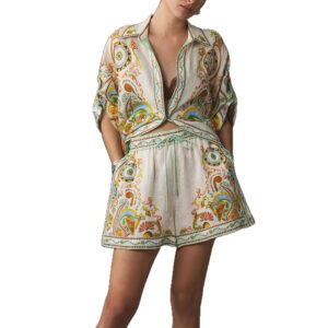 High-waisted Casual Chic Set Featuring A Short-sleeve Shirt And Stylish Printed Shorts