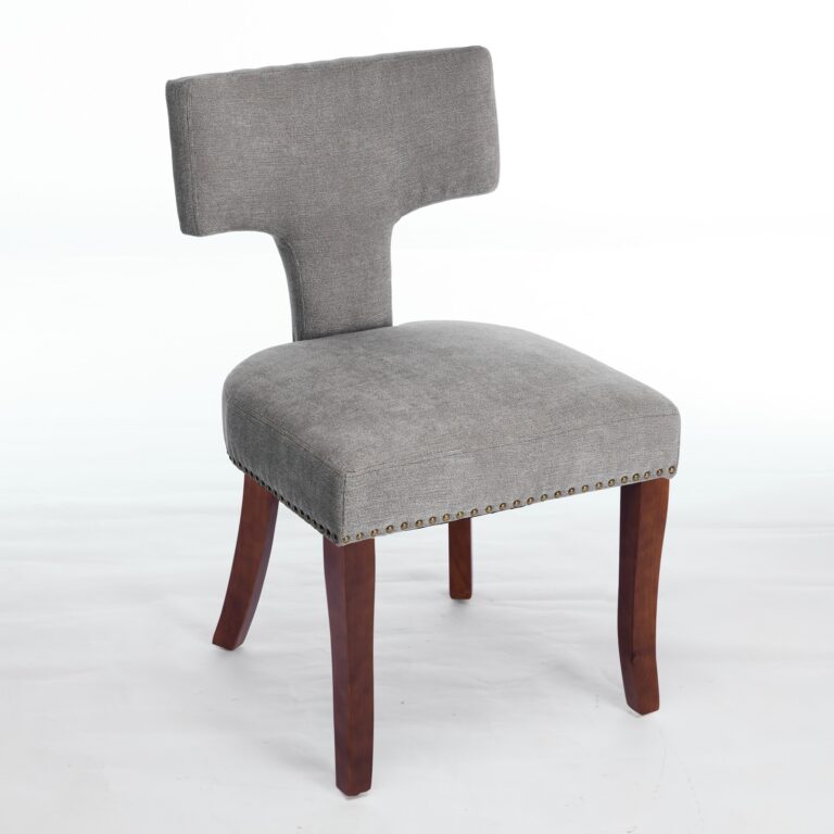 Mid Century Modern Dining Chairs Set Of 2, Farmhouse Linen Fabric Upholstered Accent Chair Curved Backrest With Copper Nails Around,Kitchen Chairs With Hardwood Frame, Gray