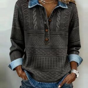 European And American Style Knitted Lapel Long-Sleeve Shirt For Women