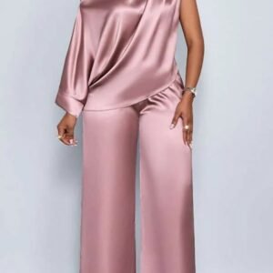 Spot 2026 European And American Cross-border Summer Casual Women's Satin Suit Slanted Collar Short-sleeved Top Trousers Set