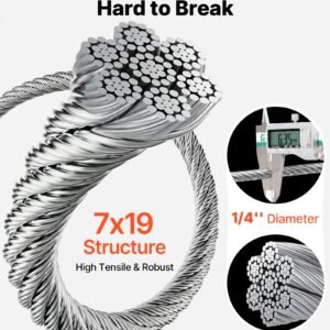 1/4 Inch Wire Rope, 250 Ft Length, Zinc Galvanized Carbon Steel Cable With Gloves, 7000 Lbs Breaking Strength, 7 X 19 Strands Construction, Wire Cable For Deck Railing System, Garden Trellis
