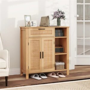 Natural Rattan Buffet Sideboard, Pull-Out Drawer & 3 Open Shelves, 3-Position Adjustable Cabinet Shelf