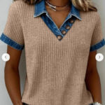 Women's Lapel Collar Short-Sleeve Top Fashionable Denim