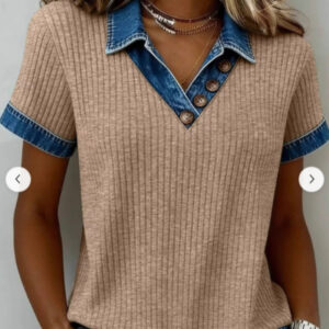 Women's Lapel Collar Short-Sleeve Top Fashionable Denim