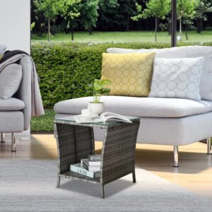 Outdoor Patio Wicker Side Table, Square End Table Bistro Coffee Table With Glass Top Storage Shelf For Porch Garden Backyard Grey(SAME AS 19215985)