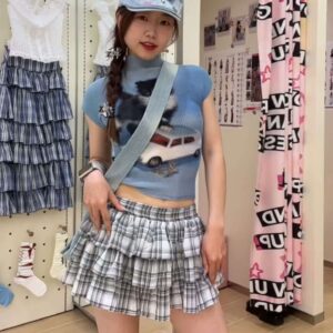 American-style Chic Cartoon Cat Print Ruffled T-shirt