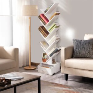 White Tree-Shaped Bookshelf, 10 Open Shelves & Foldable Fabric Drawer, Space-Saving Corner Design
