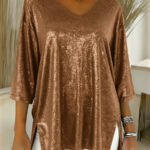 Womens Solid-Colored Loose V-Neck Cropped-Sleeve Split Top
