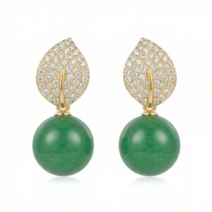 925 Sterling Silver Elegant Nature-Inspired Leaf Pave Accents and Green Jade Spherical Drop Earrings
