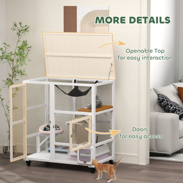 Cat House, Indoor Cat Enclosure on Wheels with Openable Top, 39″, White