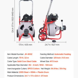 Drain Cleaner Machine 75 FT X 3/8 Inch, Auto Feed Sewer Snake Drain Auger On Wheels, Portable Drain Cleaning Machine With 8 Cutters & Air-Activated Foot Switch For 2" To 4" Pipes