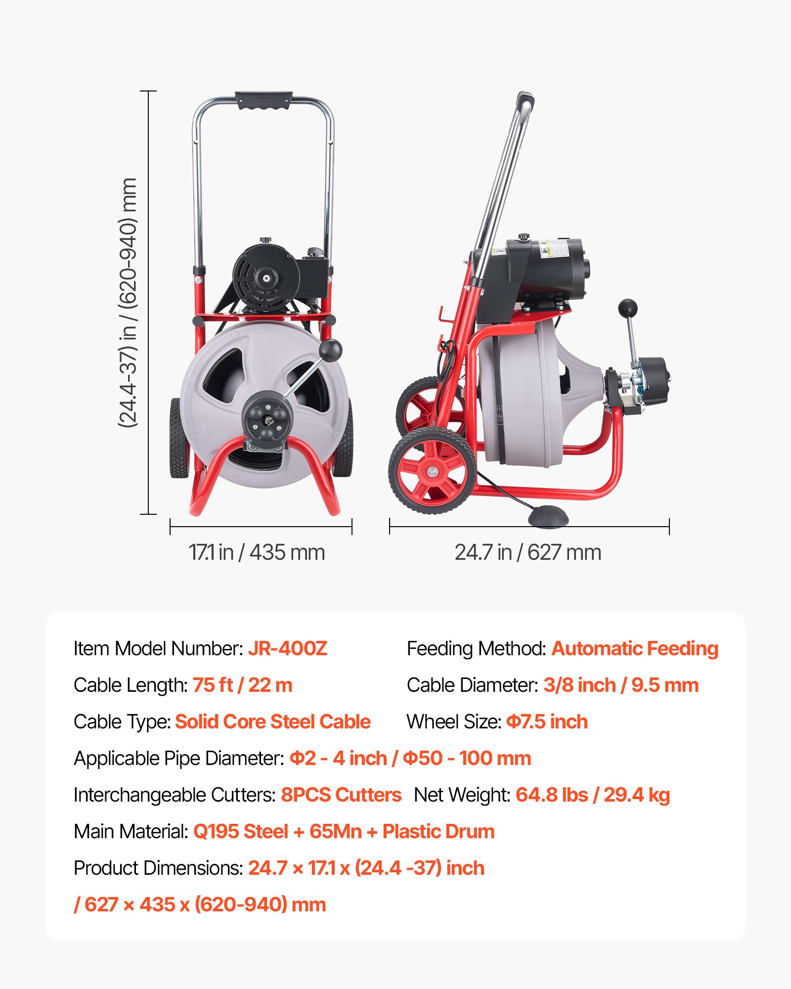 Drain Cleaner Machine 75 FT X 3/8 Inch, Auto Feed Sewer Snake Drain Auger On Wheels, Portable Drain Cleaning Machine With 8 Cutters & Air-Activated Foot Switch For 2″ To 4″ Pipes
