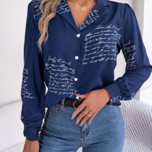 Women's Casual Versatile Letter Print Notched Lapel Long Sleeve Shirt
