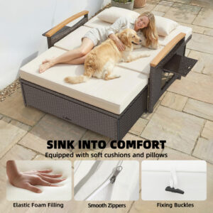 Rattan Outdoor Daybed w/4-Level Adjustable Backrest, Patio Sofa Bed w/Storage Ottoman, Acacia Wood Armrest, Beige