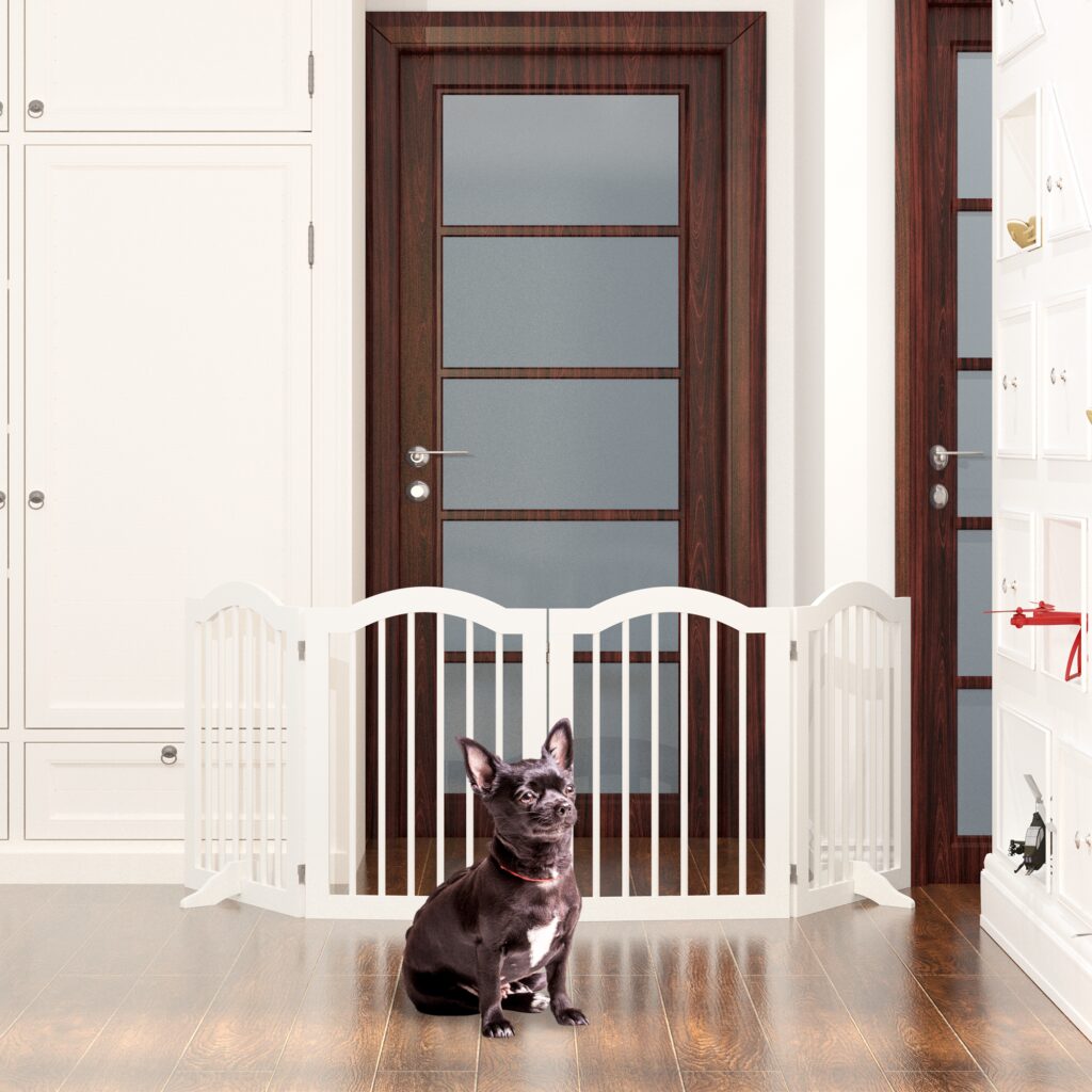 27.6 Height Tall Freestanding Pet Gate, 4 Panels Foldable Dog Gate, Solid Wood Folding Safety Fence Wooden Dog Gate With 2 Pcs Support Feet Ideal For Stairs, Doorways, Halls, Kitchens, Heavy Duty Gat
