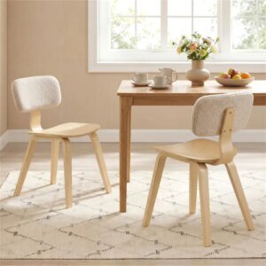 Set Of 2 Dining Chair Set (Beige & Natural), Teddy Velvet Upholstery & Plush Padded Design