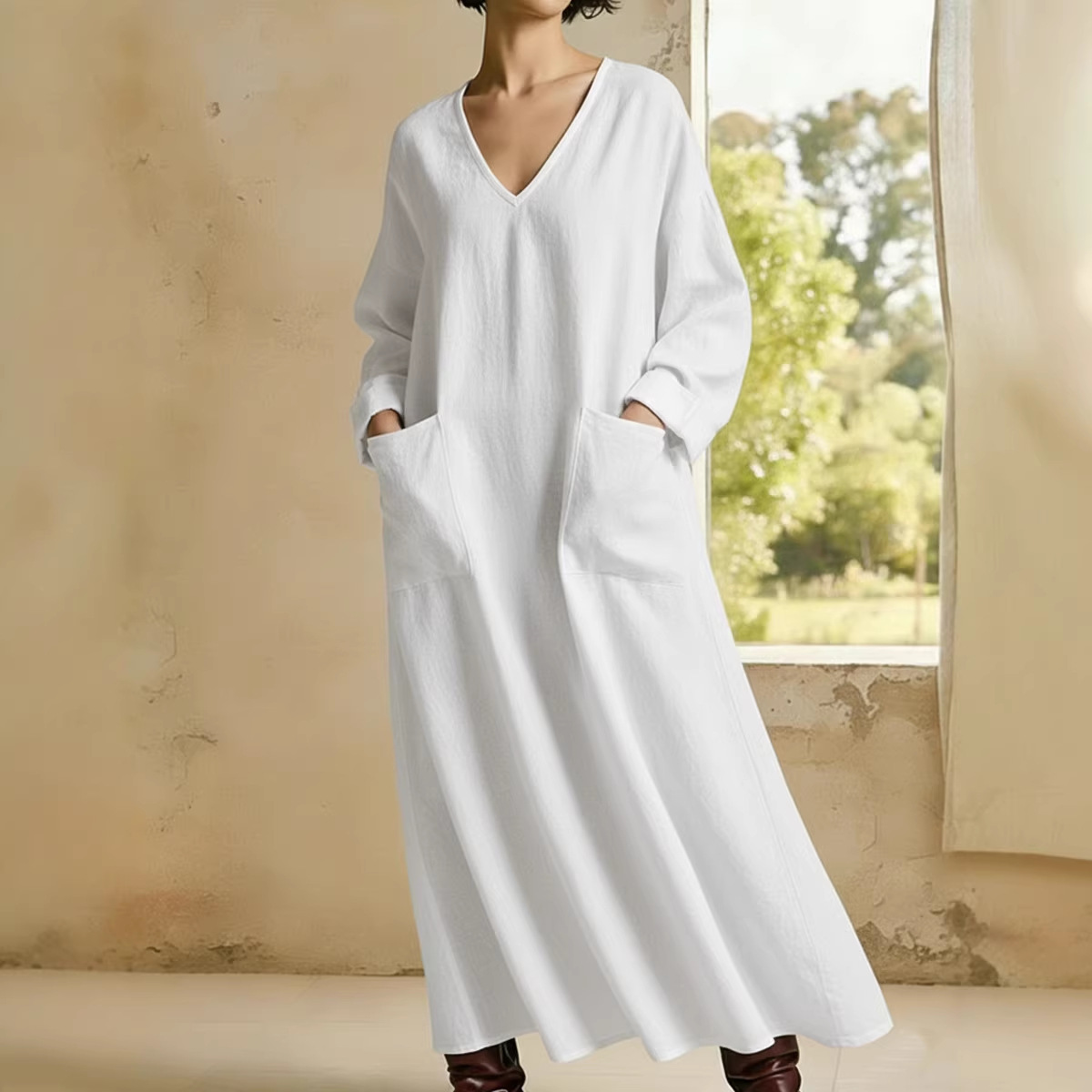 Casual Solid-Colored V-Neck Pocket Long-Sleeve Cotton-Linen Dress