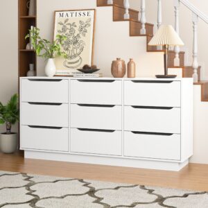 9 Drawer Dresser For Bedroom With Deep Drawers, Large Floor Wood Dressers & Chest Of Drawers , Modern White Long Dressers For Closet Living Room