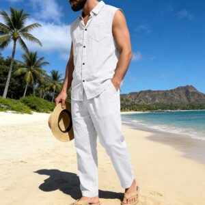 Mens Loose Linen Casual Sleeveless Shirt And Straight-Leg Pants Set