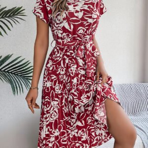 Women's Elegant Floral Print Short Sleeve Flowy Pleated Dress