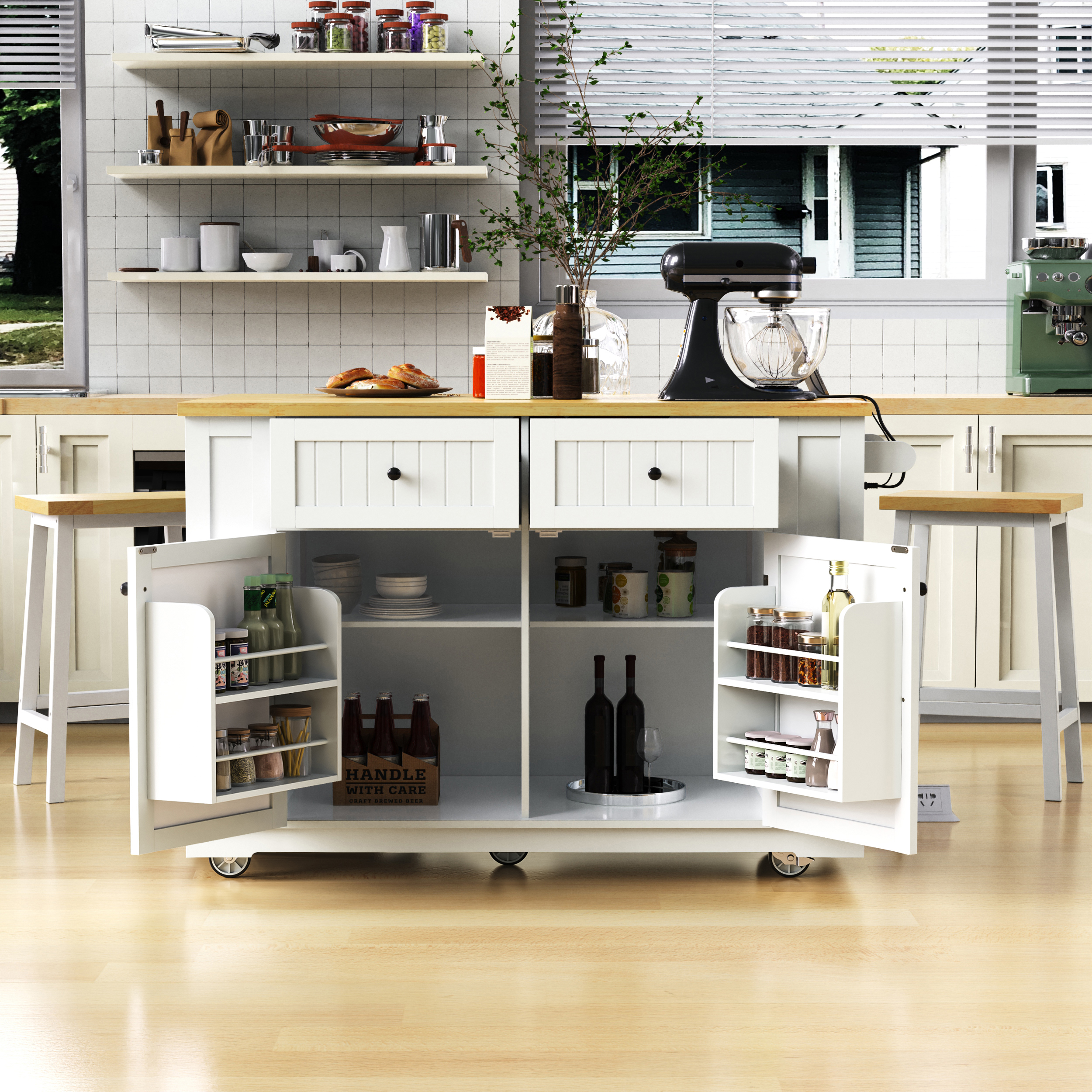 48 Inch Kitchen Island With Drop Leaf,Power Outlet,Internal Storage Rack,Rolling Kitchen Storage Cart On 5 Wheels With 5 Open Side Racks For Kitchen,White Old SKU N707P257057W Not Include Stools