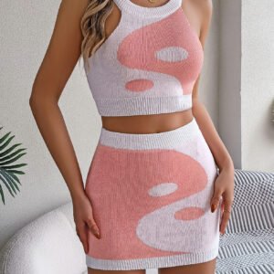 Women Color Block Cropped Top & Bodycon Skirt Knit Set