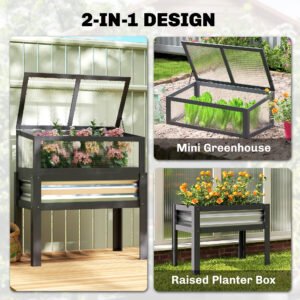 Raised Garden Bed with Flip-Up Mini Greenhouse, Elevated Planter Box with Legs and Bed Liner for Flowers, Vegetables