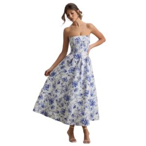 Elegant Strapless Waist-Cinched Off-Shoulder Printed Dress