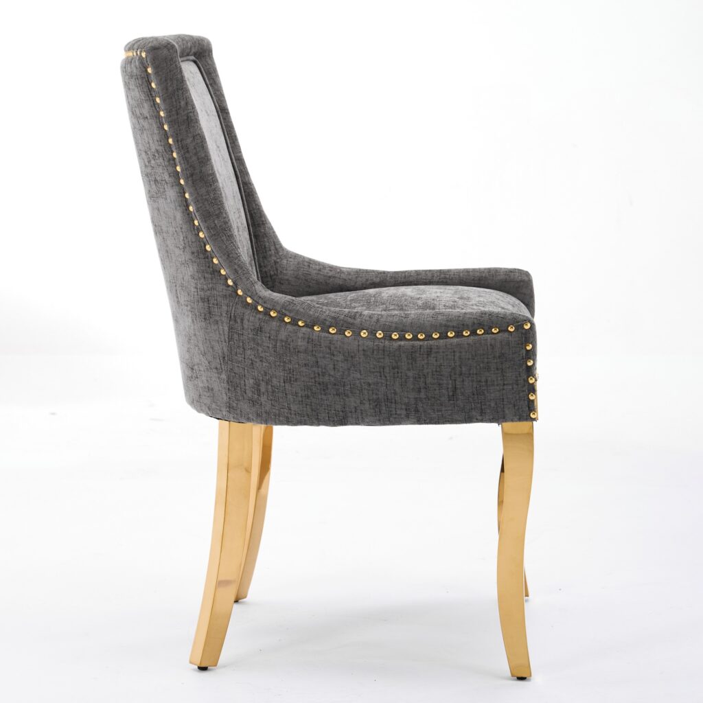 Chenille Dining Chairs, Modern Style With Curved Gold - Plated Legs & Rivet Trim, Upholstered Comfort For Dining Lounge, Accent Seating With Textured Fabric & One - Piece Structure, Gray,Set Of 2