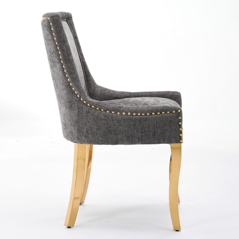 Chenille Dining Chairs, Modern Style With Curved Gold – Plated Legs & Rivet Trim, Upholstered Comfort For Dining Lounge, Accent Seating With Textured Fabric & One – Piece Structure, Gray,Set Of 2