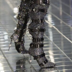 Hot-stone-embellished Skull-toe Studded Pointed-toe Over-the-knee Boots