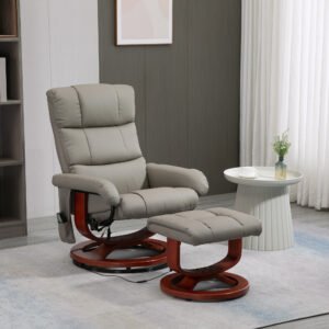 Massage Recliner Chair with Ottoman, Swivel Recliner and Footrest, Faux Leather Reclining Chair with Remote Control, 10 Vibration Point and Side Pocket, Gray