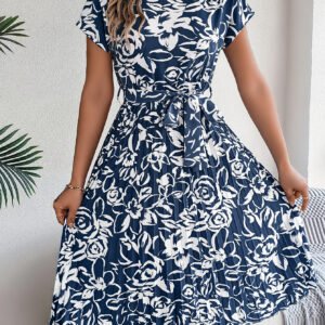 Women's Elegant Floral Print Short Sleeve Flowy Pleated Dress