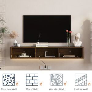 Floating TV Stand, Wall Mounted TV Shelf With Led Lights & Power Outlet,High Gloss TV Cabinet For Wood Tv Stands For Living Room