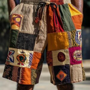 Men's African Ethnic Patchwork Casual Linen Shorts