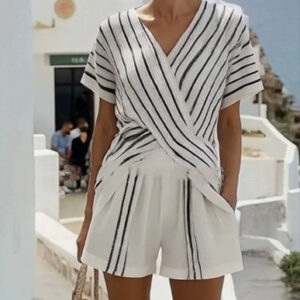 Casual V-Neck Short-Sleeve Striped Color-Block Shorts Two-Piece Set