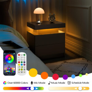 Nightstand LED Bedside Table Cabinet Lights Modern End Side With 2 Drawers For Bedroom Black