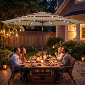 9.7 ft Outdoor Patio Umbrella with Solar LED Lights, 3 Tier Outdoor Table Umbrella with Tilt, Crank, Khaki