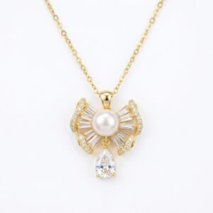 925 Sterling Silver Elegant Bow Ribbon Pearl Pendant with Shimmering Accents and Teardrop Drop