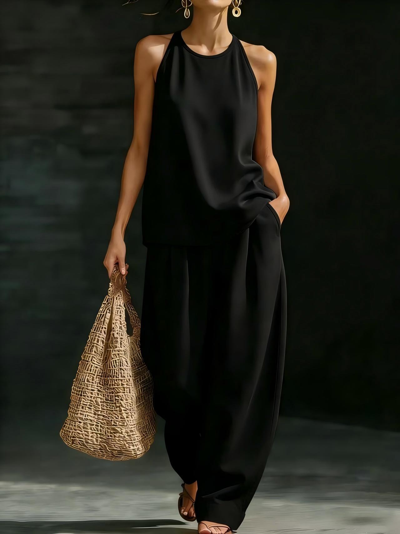 New Womens Crew-Neck Sleeveless Fashionable Casual Set